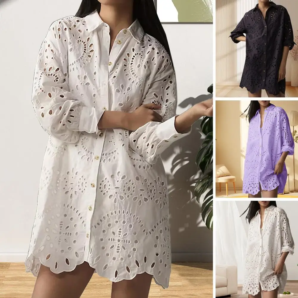 Mid-length Shirt Elegant Floral Hollow Pleated Women's Shirt with Soft Stretchy Comfortable Fit Stylish Lapel Long Sleeve