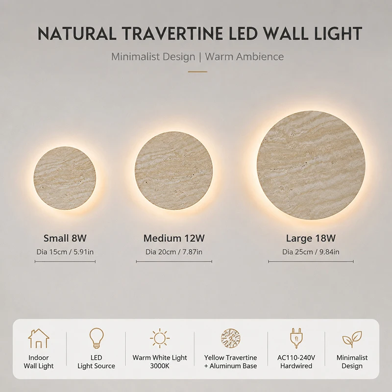 Wabi Sabi Natural Travertine LED Wall Sconce Dia 15/20/25cm Round Yellow Stone Wall Lamp Minimalist Bedside Light Living Room