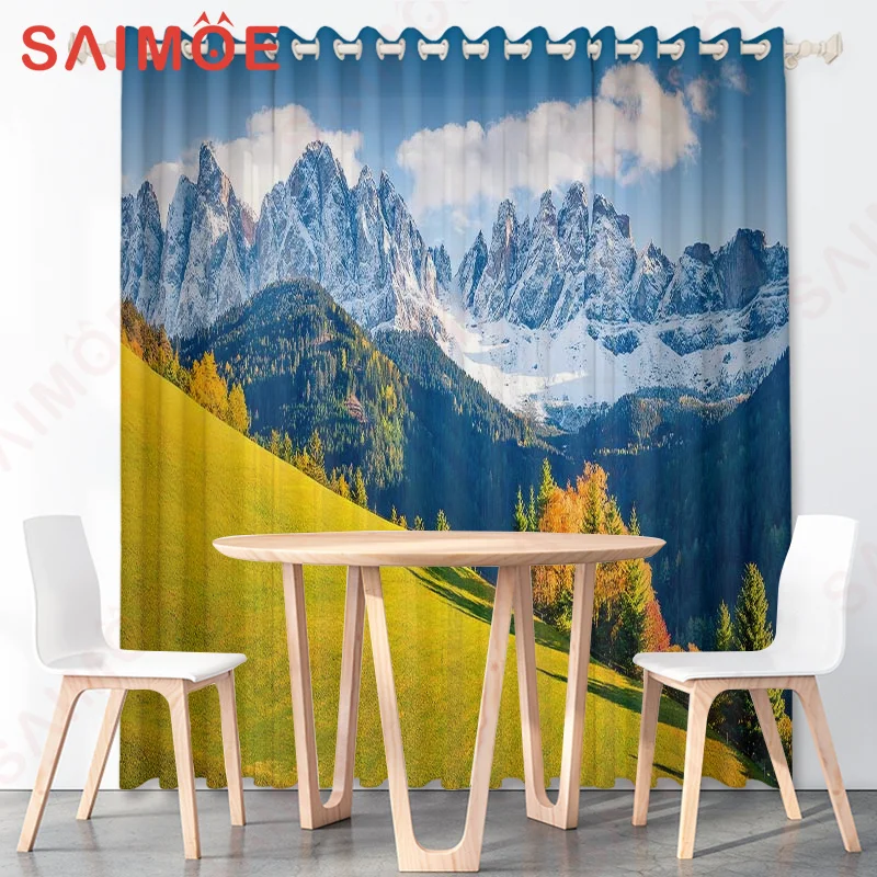 Pastoral Natural Scenery Forest Curtains Snow Mountain River Cherry Blossom Custom Polyester Fabric Office Decoration with Hooks