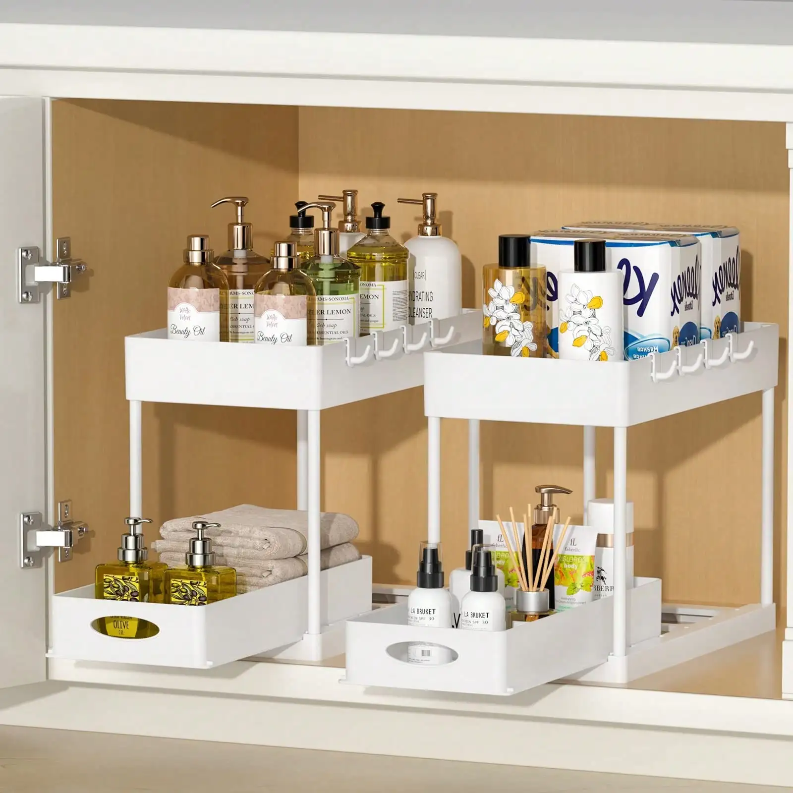 

Aoshet 2pcs 2-Layer Sliding Storage Shelf, Under Sink Organizer with Hooks & Basket for Kitchen Bathroom