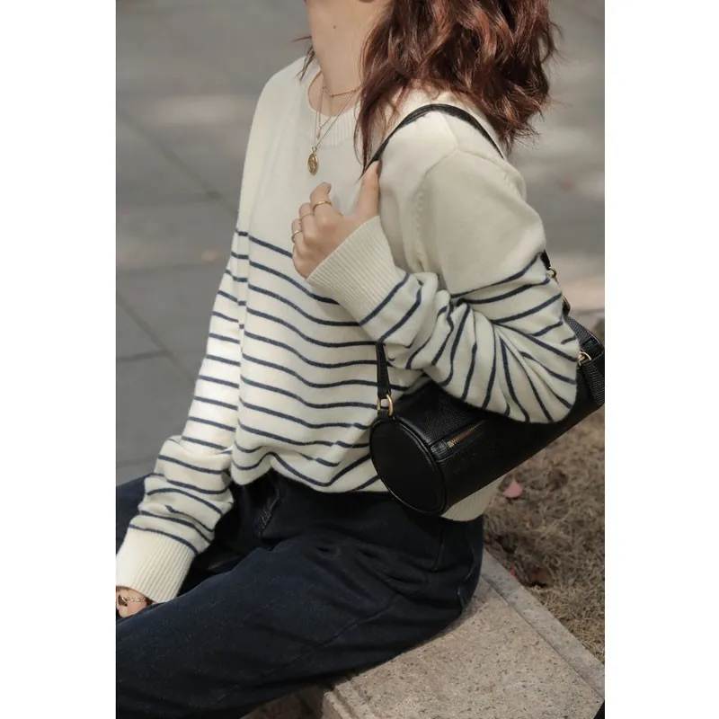 Vintage commuter stripe round neck cashmere sweater for women spring and autumn loose jumper temperament wool base sweater