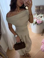 Solid One Shoulder Top Lantern Pants Set Women Chic Cotton Linen T-shirt Wide-leg Pants Suit Elegant Lady Summer Daily Outfits 4