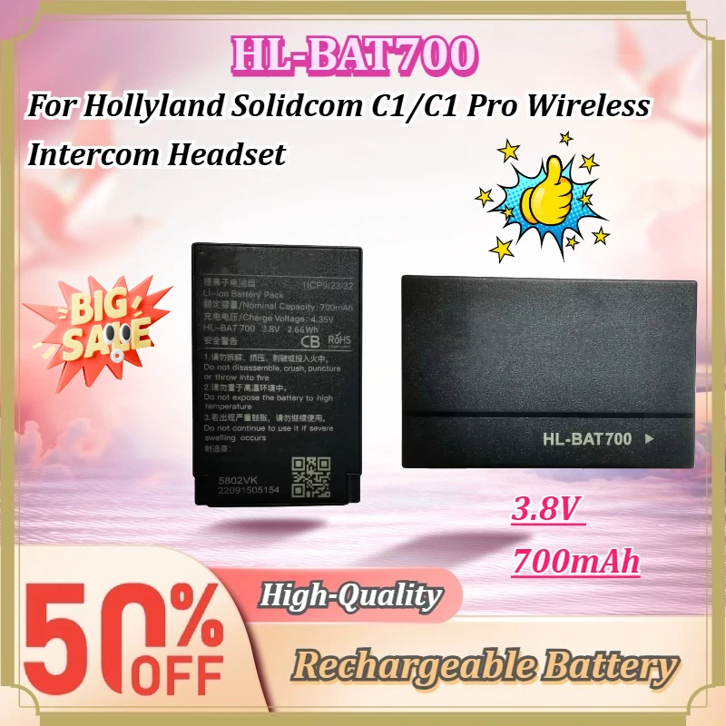 For Hollyland Solidcom C1/C1 Pro Wireless Intercom Headset 3.8V 700mAh HL-BAT700 Rechargeable Li-ion Replacement Battery