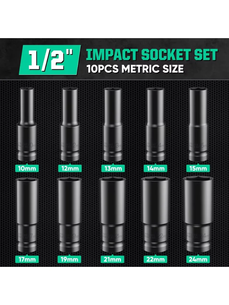 1/2Inch Drive 6-Point Impact Socket Set 10-20 pcs/set Metric Sizes Carbon Steel Impact Socket Set with Hard Storage Box