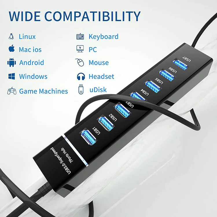 Usb 3.0 Hub Usb Splitter 7 Ports Multi Usb Hub 3 0 2.0 Hab Expander 120CM Cable Computer Accessories For iPad PC Desktop Laptop