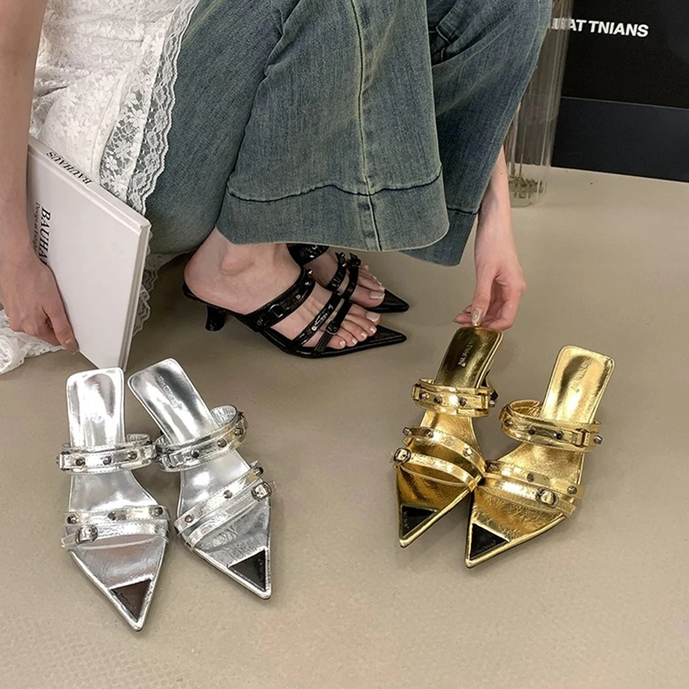 

Women' Kitten Heels Mules Pointed Open Toe Heels Sexy Pointy Studded Heeled Sandals Trendy Slip On Stiletto Pumps Dressy Shoes