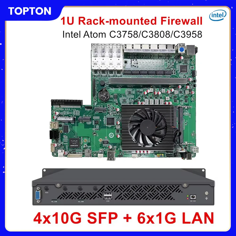 

Topton 1U Rack Mounted Firewall Mini PC Intel Atom C3758 C3808 C3958 DDR4 NVMe 4*10G SFP 6*1G LAN pfSense OPNsense NAS Server