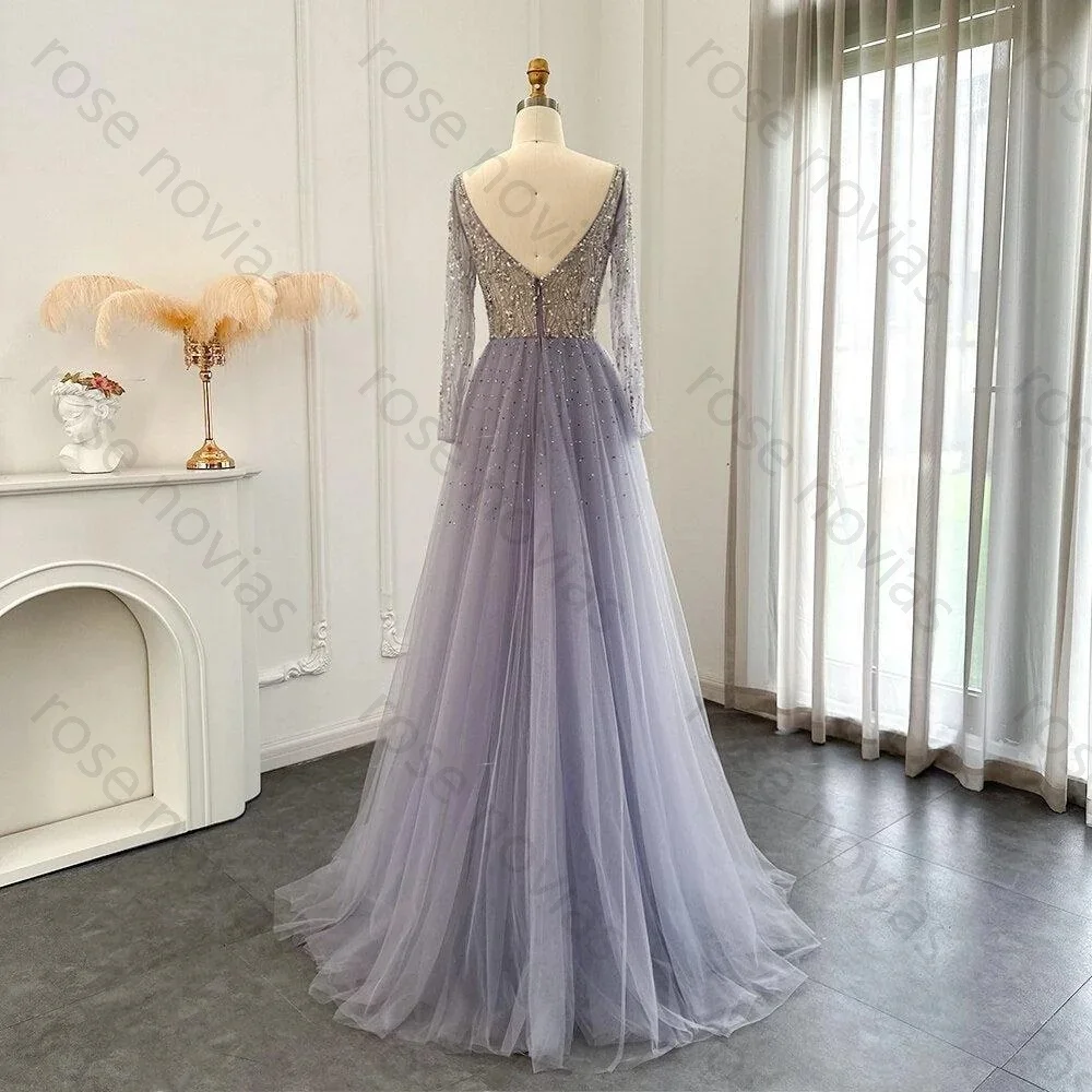 Vestidos de noche personalizados de tul morado, elegantes, de alta calidad, corte en A, cuello en V, tren Watteau con lentejuelas, vestidos de graduación para longitud hasta el suelo