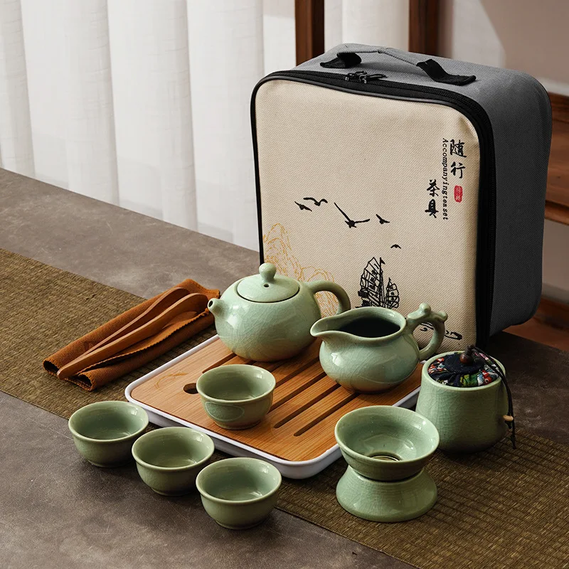 Travel Ceramic Kung Fu Tea Set  Tray Full  of Portable Storage Package pot cup  