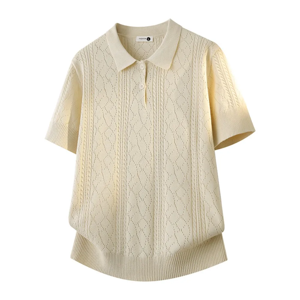 Preppy Daily Men Wear Hollow Cable Knit Short Sleeve Polo Top Lapel Collar Half Button Placket Ribbed