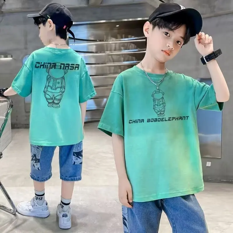 Summer Boys Purple T-shirts High Quality Sweat Wicking Breathable Gradient Top Digital Spray Printed Children's Clothing New