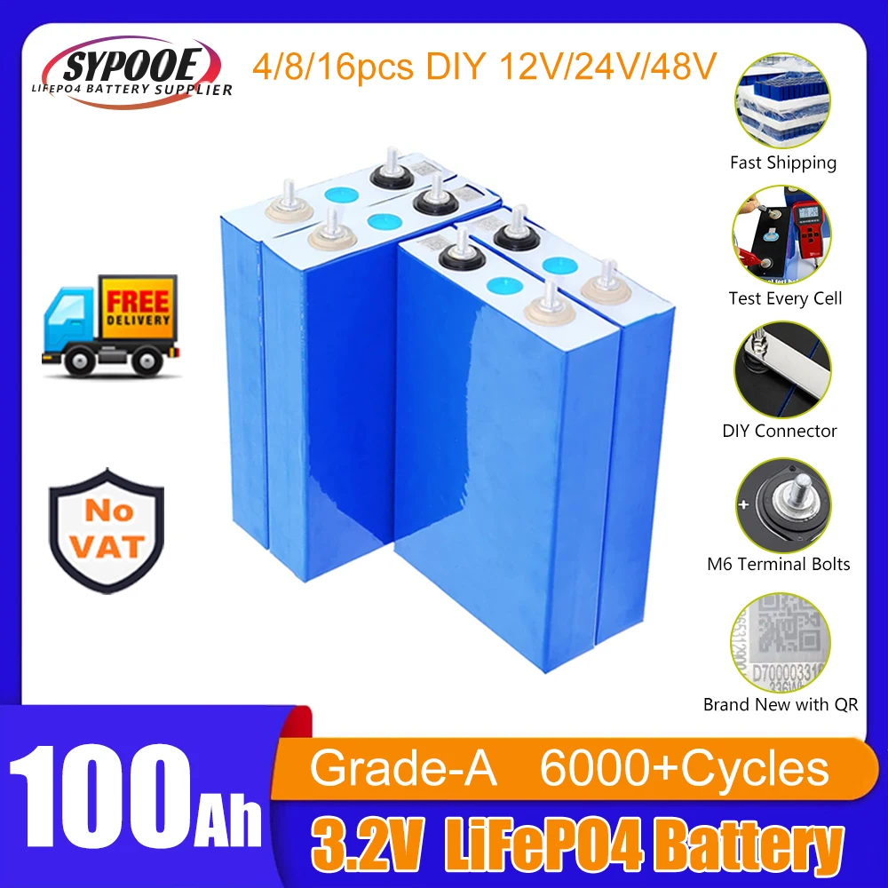 3.2V 100Ah LiFePO4 Battery Cell with QR Code Grade-A 6000+ Cycles Full Capaticy DIY 12V 24V 48V LiFePO4 Battery with Studs