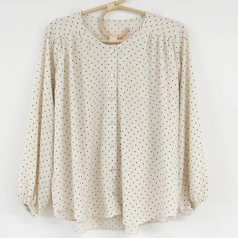 

Retro Hong Kong Sle Polka Dot Chiffon Long Sve Women's irt Loose V-Ne Top New 2025 Faion Casual Loose Fit T-irt