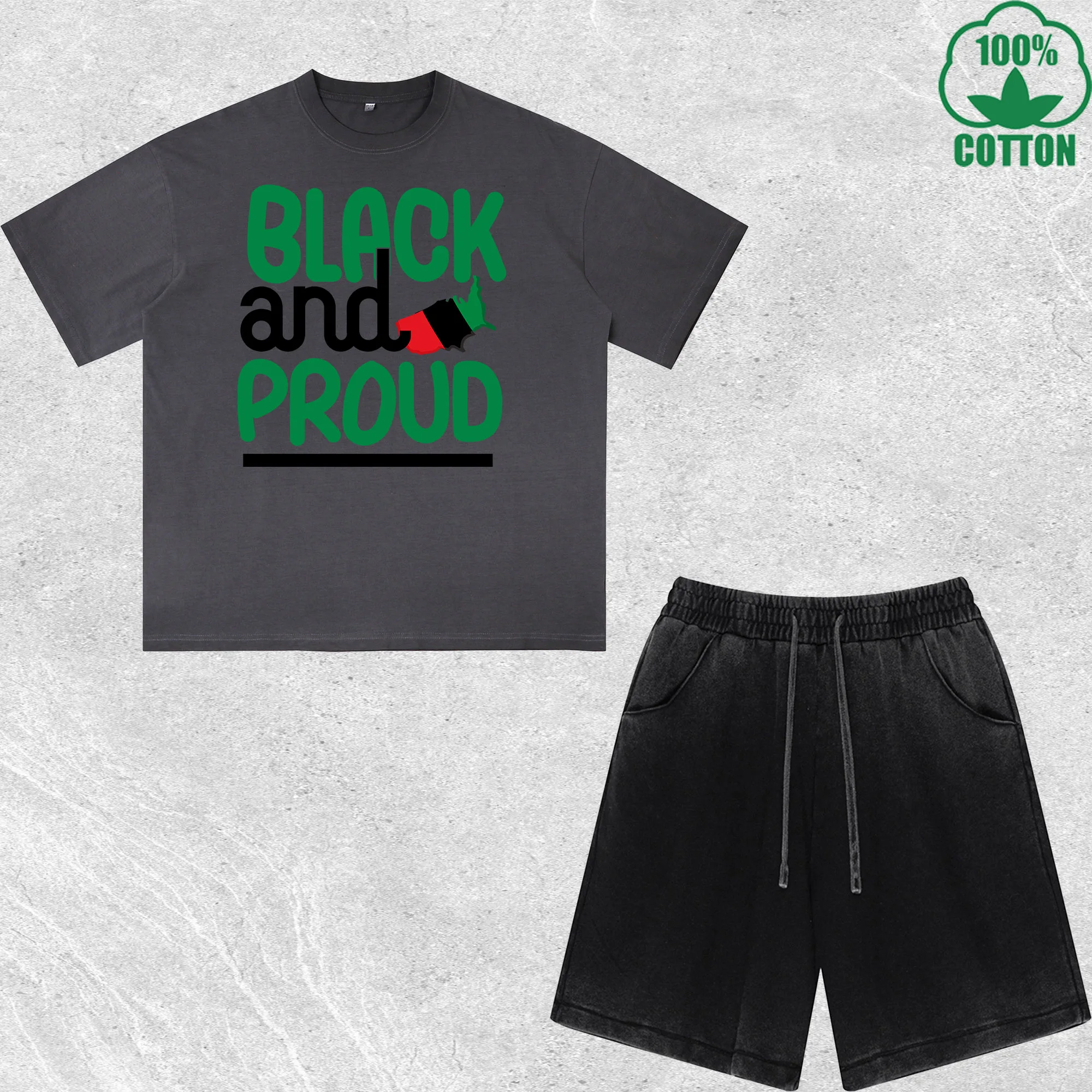 

Black And Proud Printed Dirty Wash T-Shirt Shorts Set Combo Loose Trendy Fashionable 100%Cotton Short Value Pack