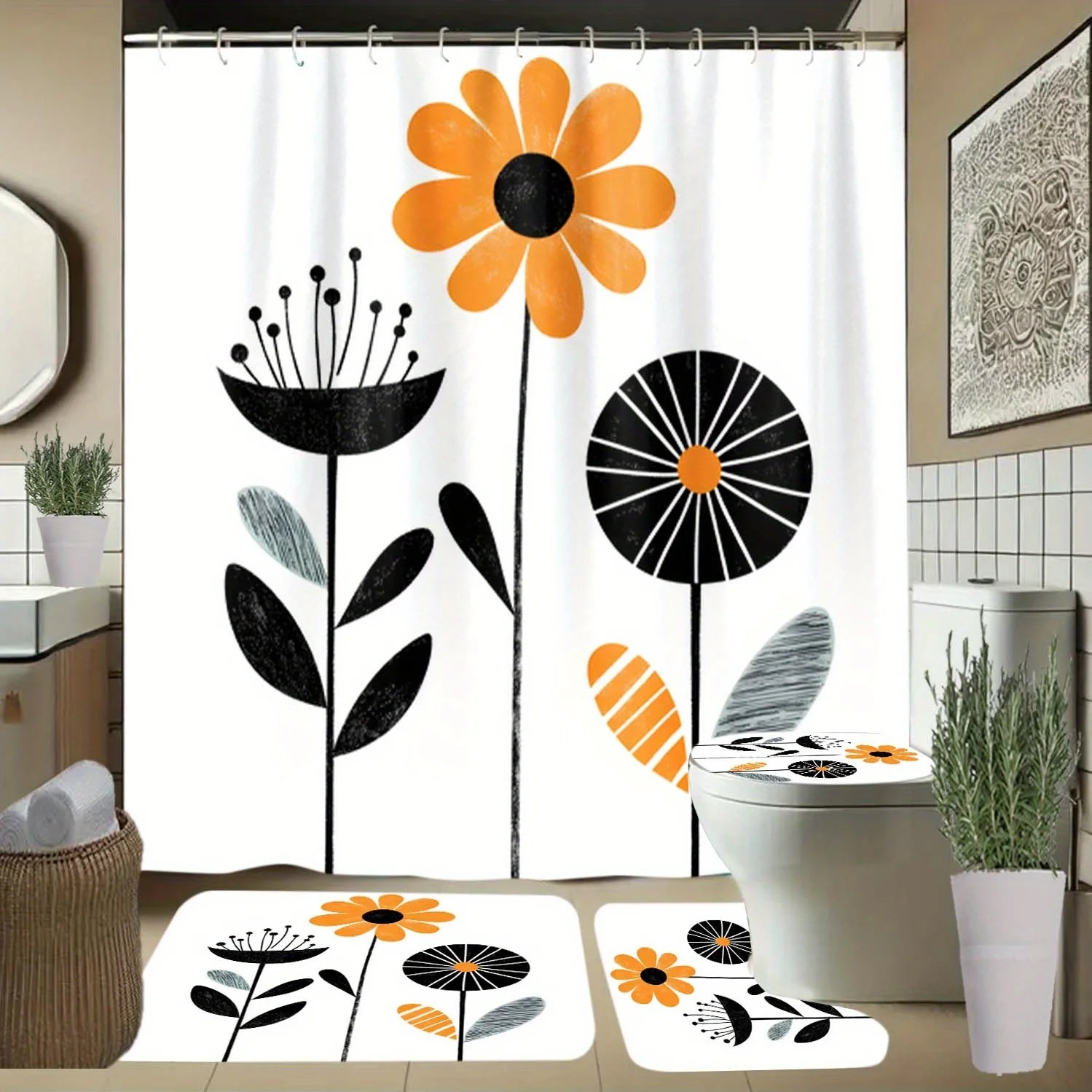 

4pcs Orange and Black Floral Pattern Shower Curtain with Hooks, Bathroom Partition Curtains, Bathroom Accessories, All-Seaso