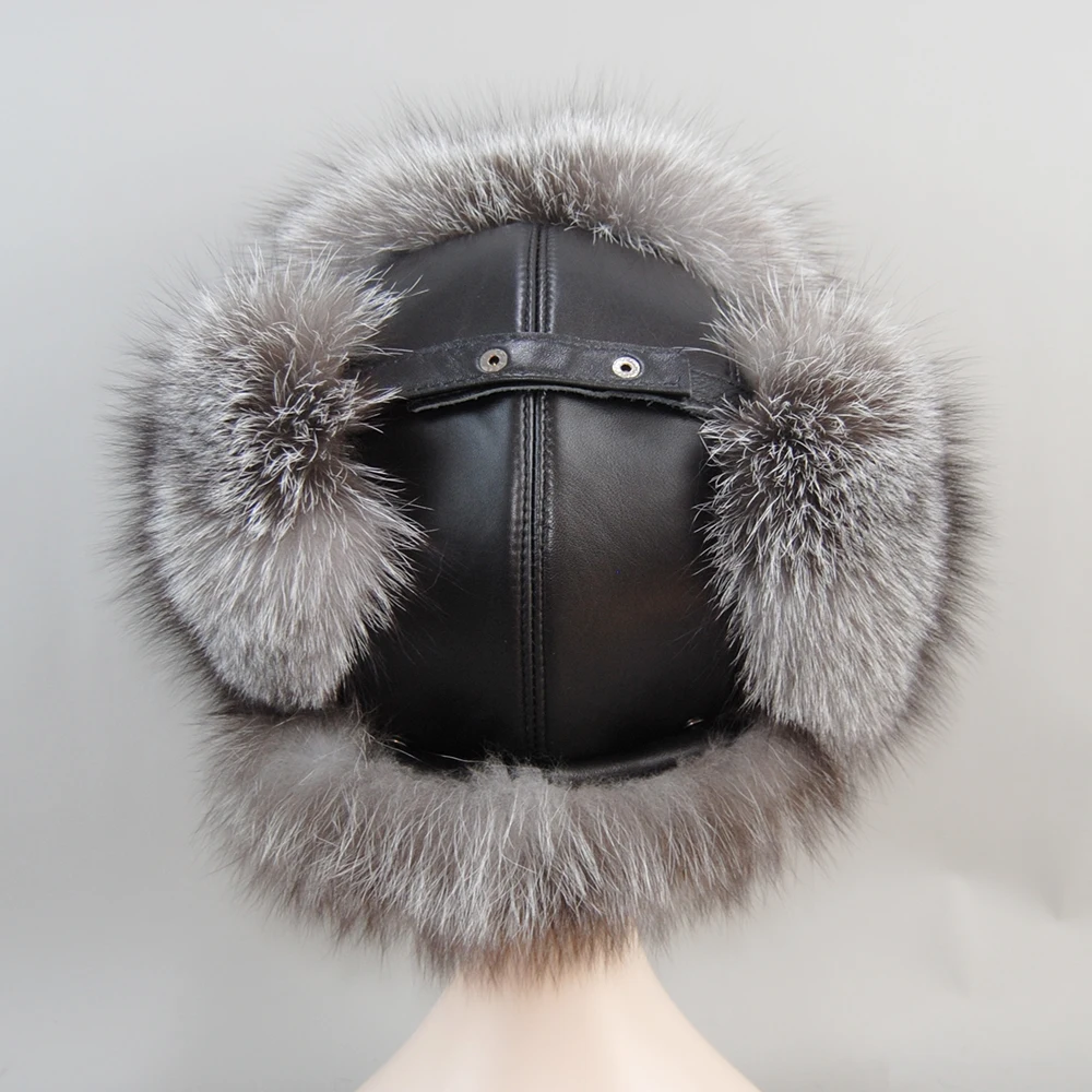 Winter Men's 100% Real Silver Fox Fur Bomber Hat Raccoon Fur Ushanka Cap Trapper Russian Man Ski Hats Caps Real Leather