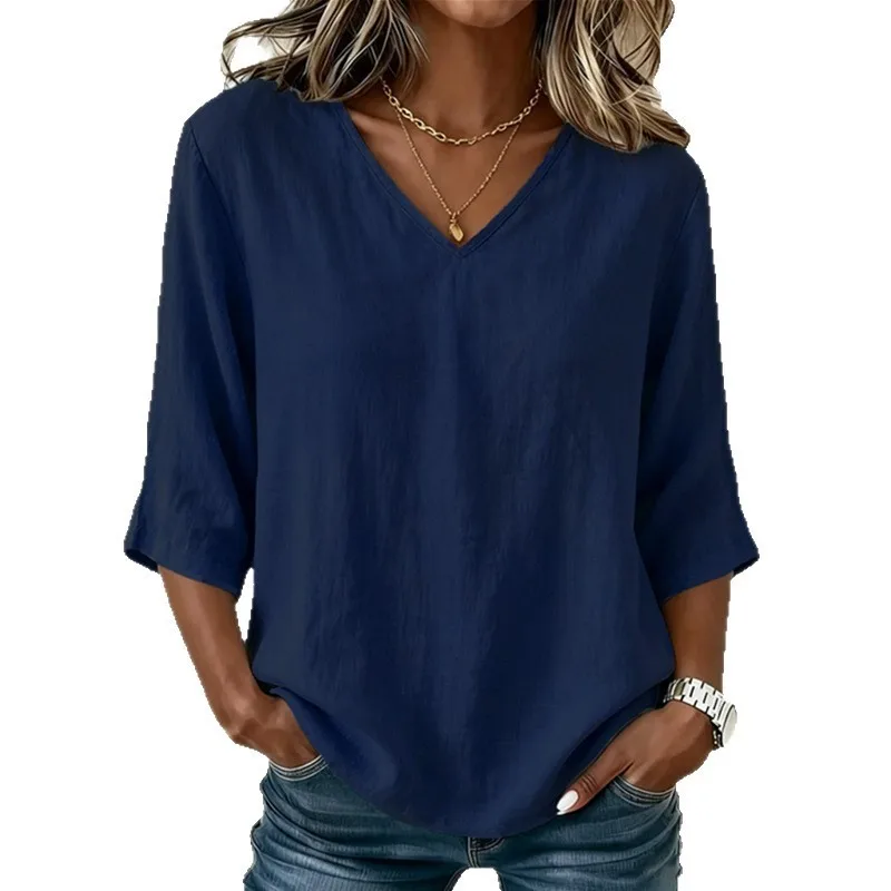 Casual Top V Neck Loose Fit Streetwear with No Stretch Regular Length Summer Half Sleeve Pullover Regular Sleeve Women T Shirt