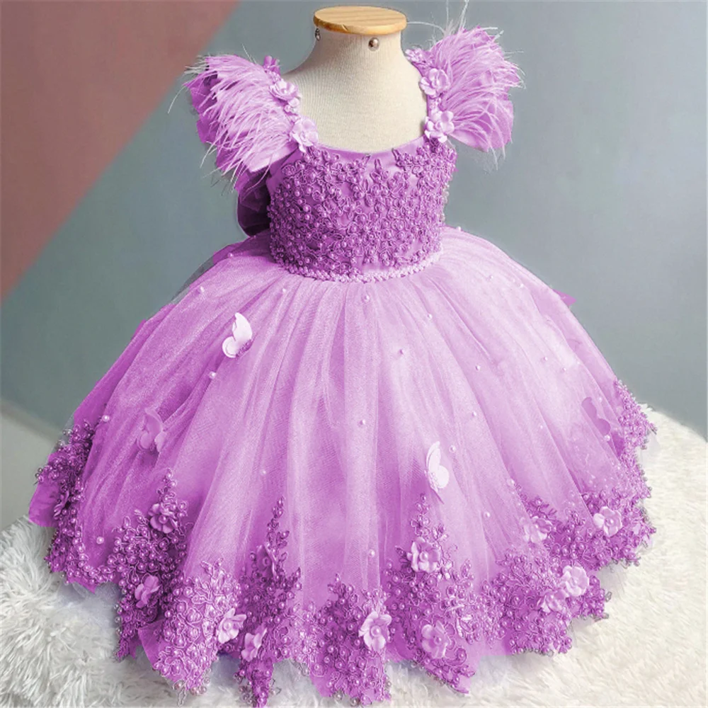 Elegant Applique Flower Girl Dress Wedding Butterfly Feather luxury With Pearls Bow Puffy Tulle First Communion Gown Birthday