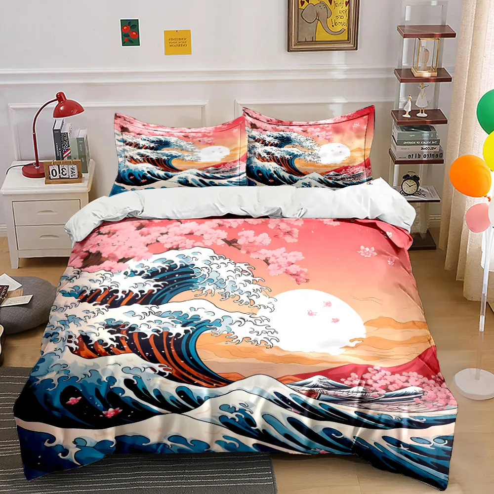 Cherry Blossom Waves at Sunrise Print Bedding Set 1 Duvet Cover 2 Pillowcases for Adult and Children Luxury Gift Full Size