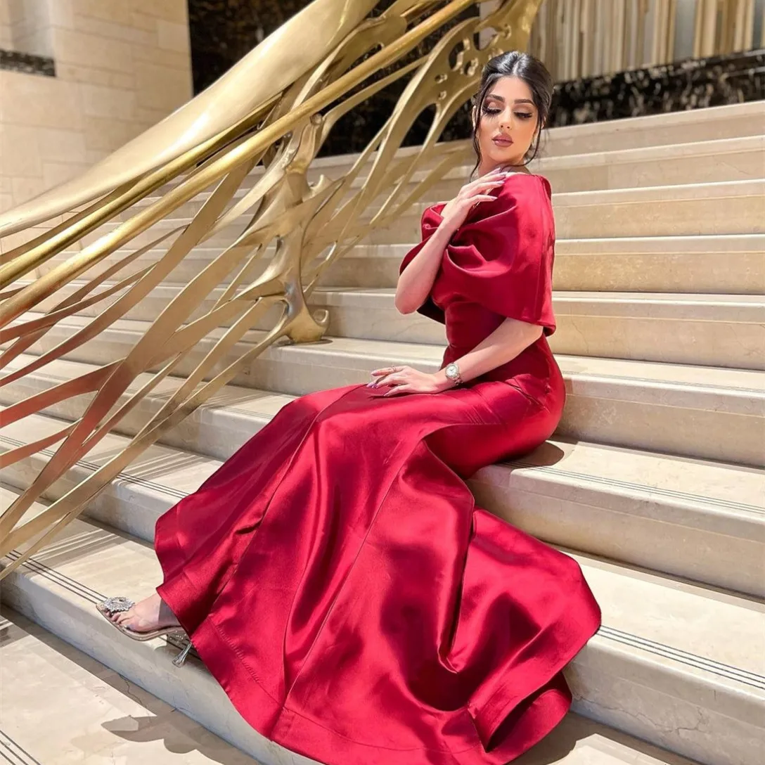 Customized Long Burgundy Satin Evening Dresses Mermaid Off Shoulder Zipper Back Sweep Train Prom Dresses for Women