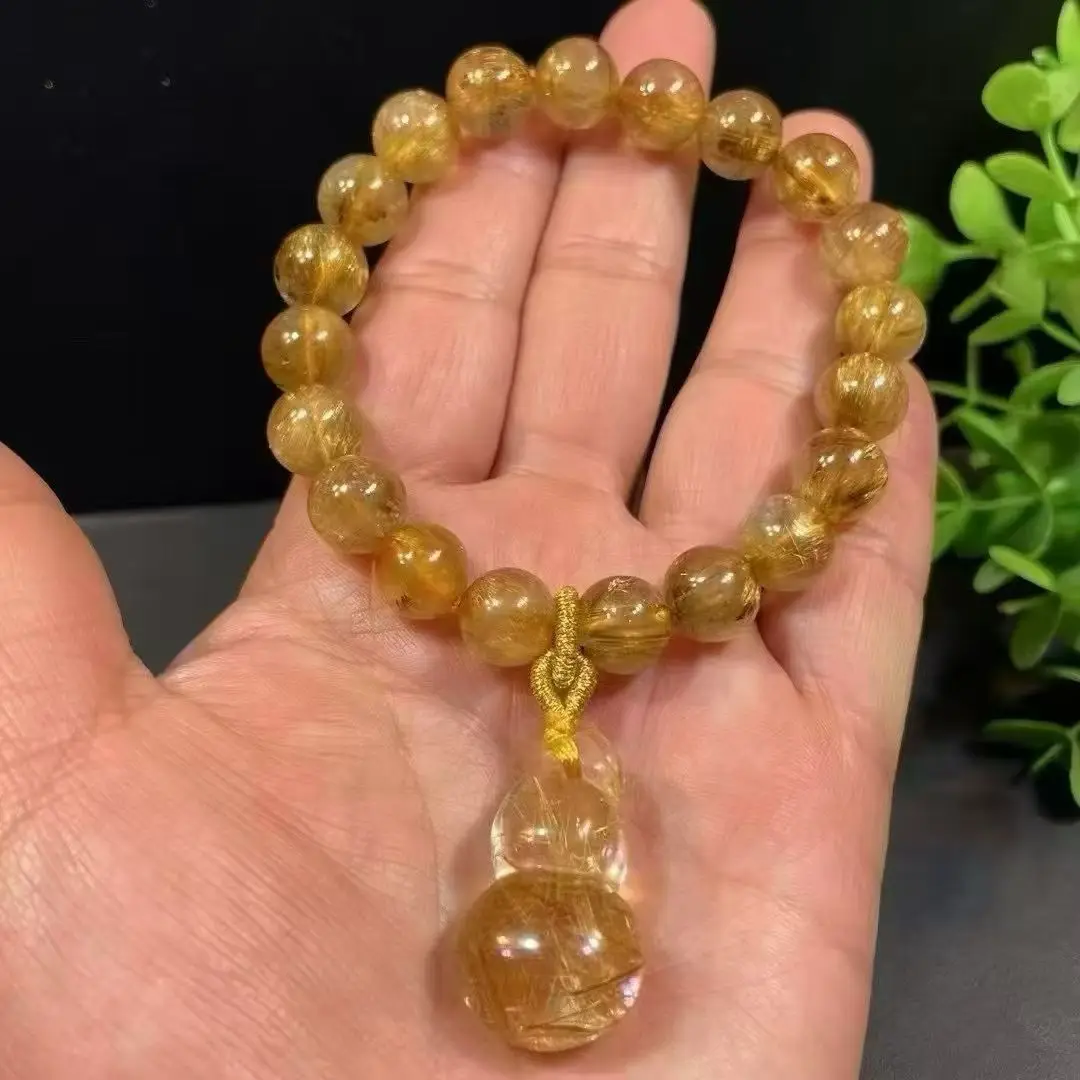 Natural Gold Rutilated Quartz Titanium Bracelet Cat Eye 10mm Gourd Pendent Clear Wealthy Woman Men Jewelry Brazil AAAAAAA