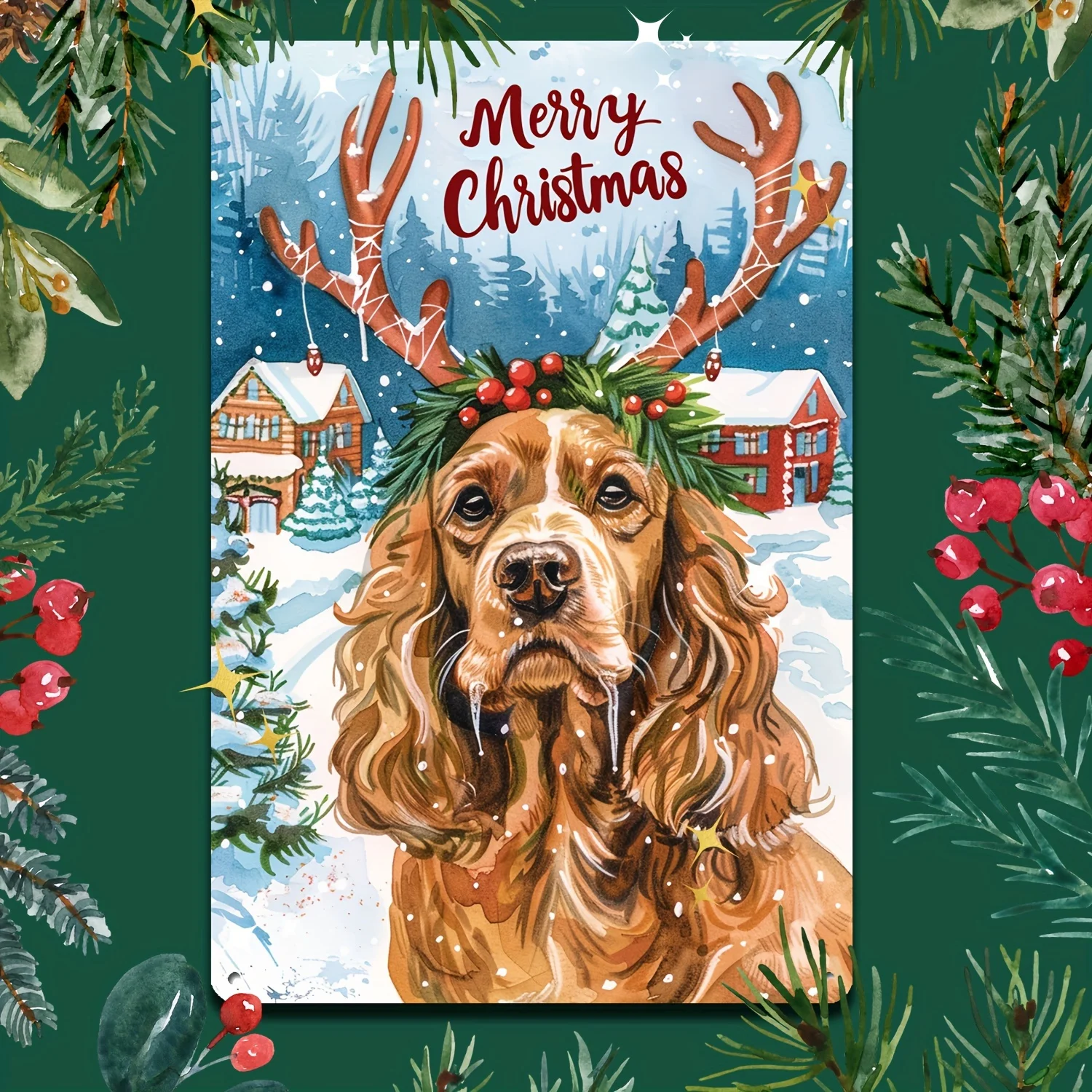 2D Flat 1pc 8x12 Inch(20cm X 30cm) Roosterer Spaniel's Merry Christmas Greetings Tin Sign Joyful Canine by the Tree for Season