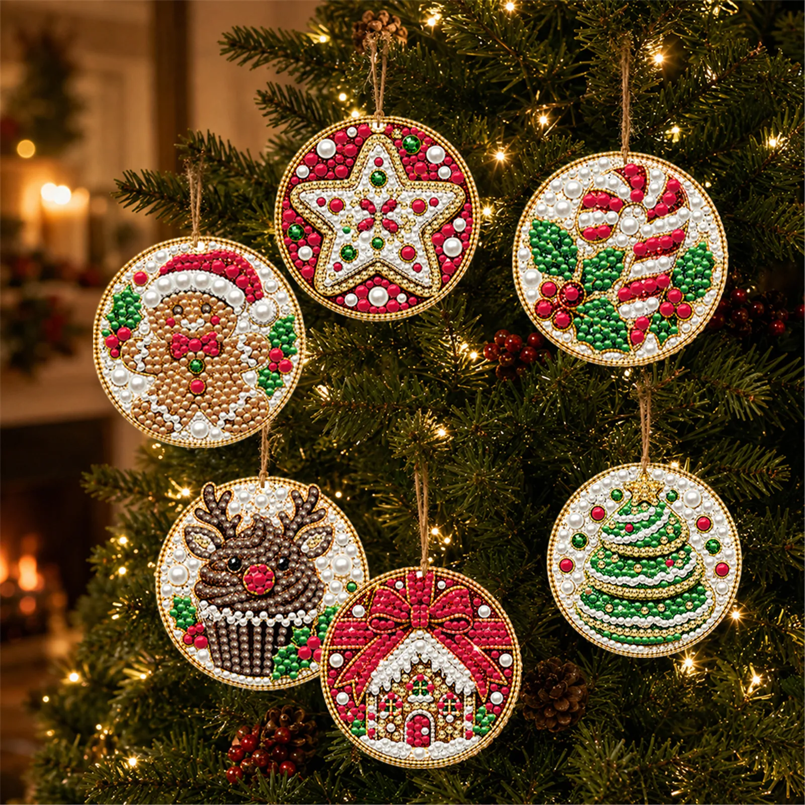 Resin Art Wooden Tray - 6Pcs Wooden Diamond Painted Christmas Ornaments