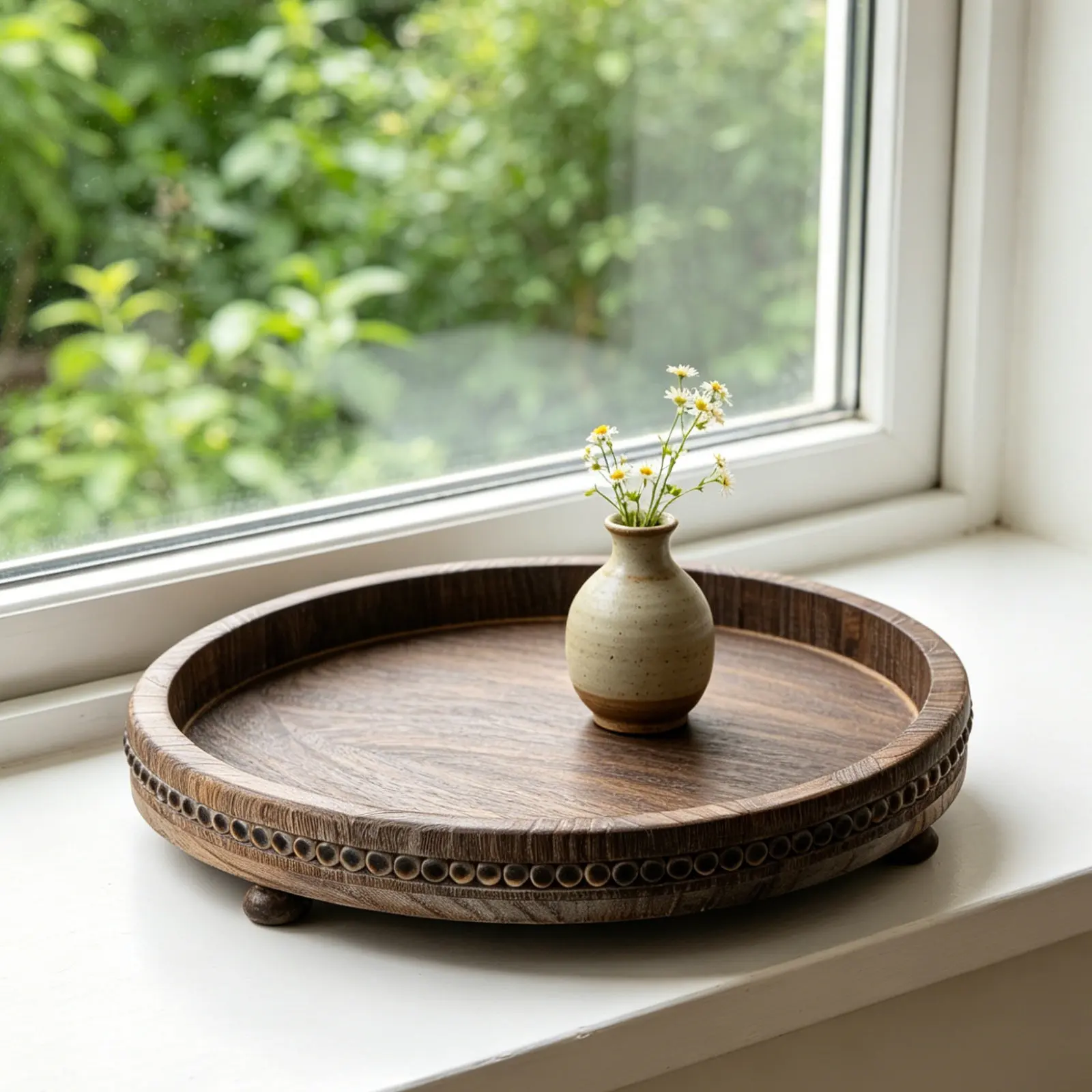 Wooden Decorative Tray 11.69 Inch Rustic Beaded Coffee Table Centerpiece for Dining Room Entryway Living Room Round Wooden Tray