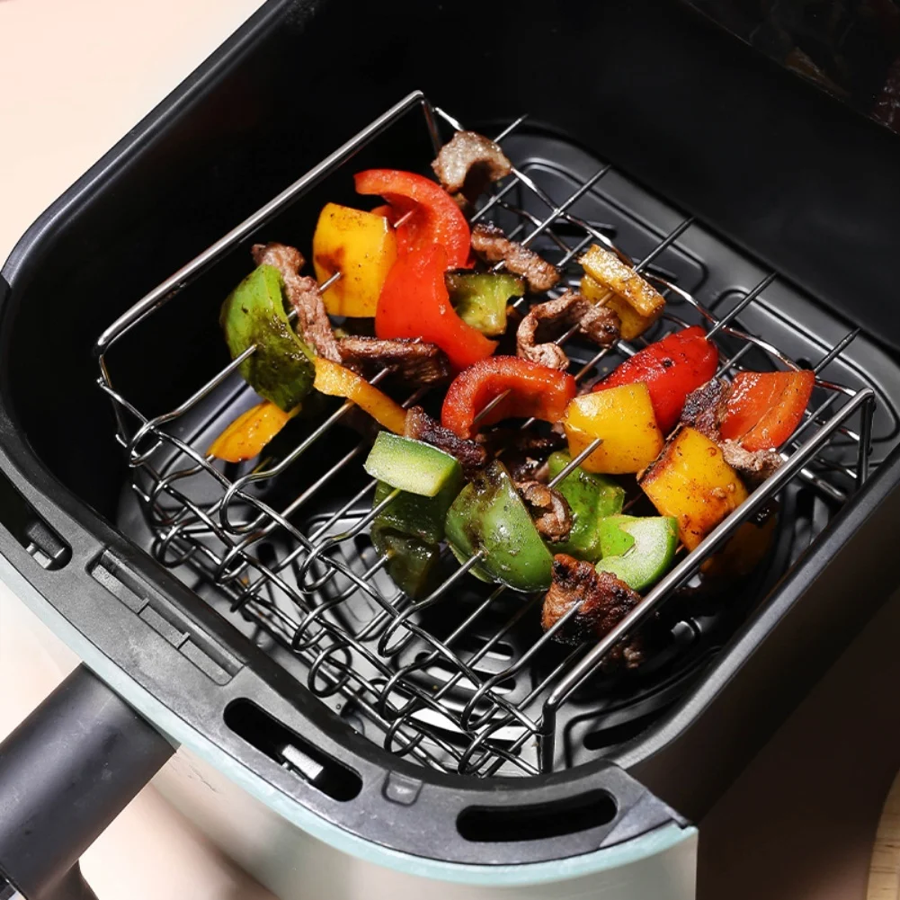 Stainless Steel Air Fryer Grill  with Barbecue Stick 3 Layer Oven Cooking Grill with Skewers Stainless Air Fryer Accessories