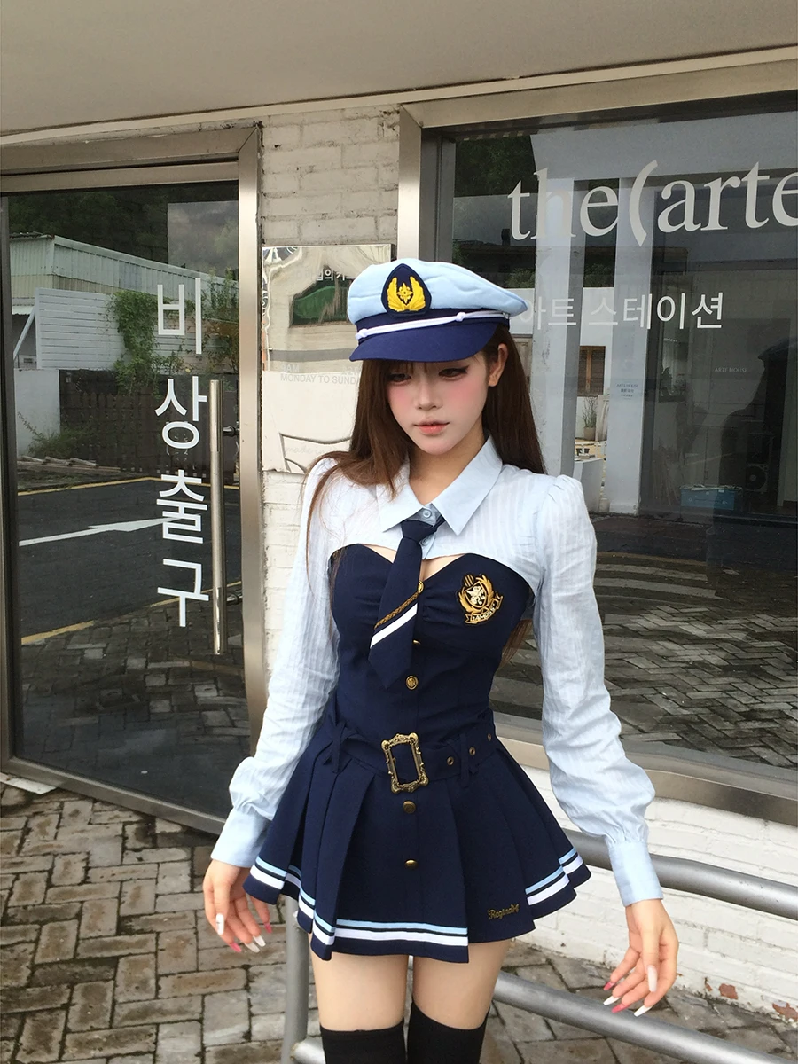 

Woman Blue Lapel Shirt + Retro Elegant Sashes Dress Preppy Style Fashion Slim 2 Piece Sets Y2K Vintage Autumn Aesthetic Suits