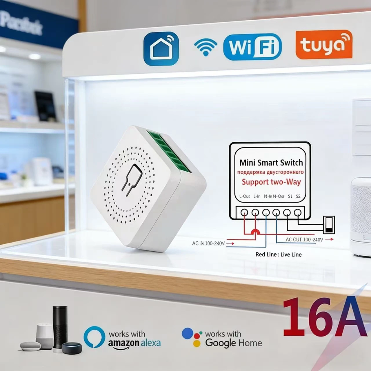 Tuya WiFi Smart Switch 16A Mini 2-way Control Breaker Smart Life Compatible With Alexa Google Home Alice