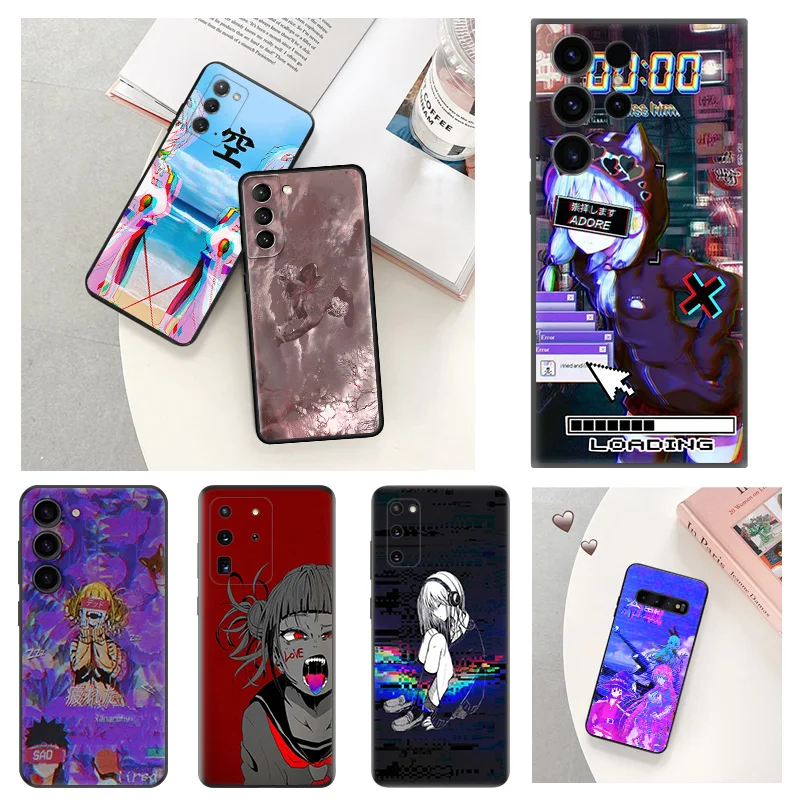 Phone Case For Samsung S24 Note20 Ultra S23 S22 S21 S20 Galaxy S10 Plus Cute Vaporwave Girl Anime Black Soft Anti-Drop Cover