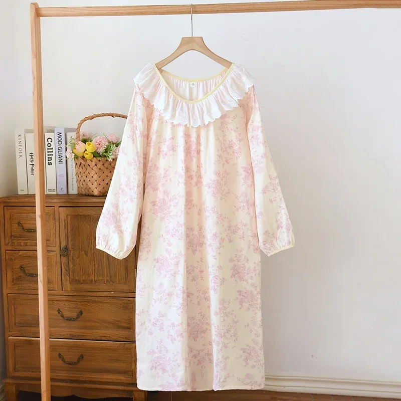 2025 printemps/été nouvelle jupe de nuit pour femmes 100% coton jupe à manches longues douce et mignonne robe de longueur moyenne vêtements de nuit femmes
