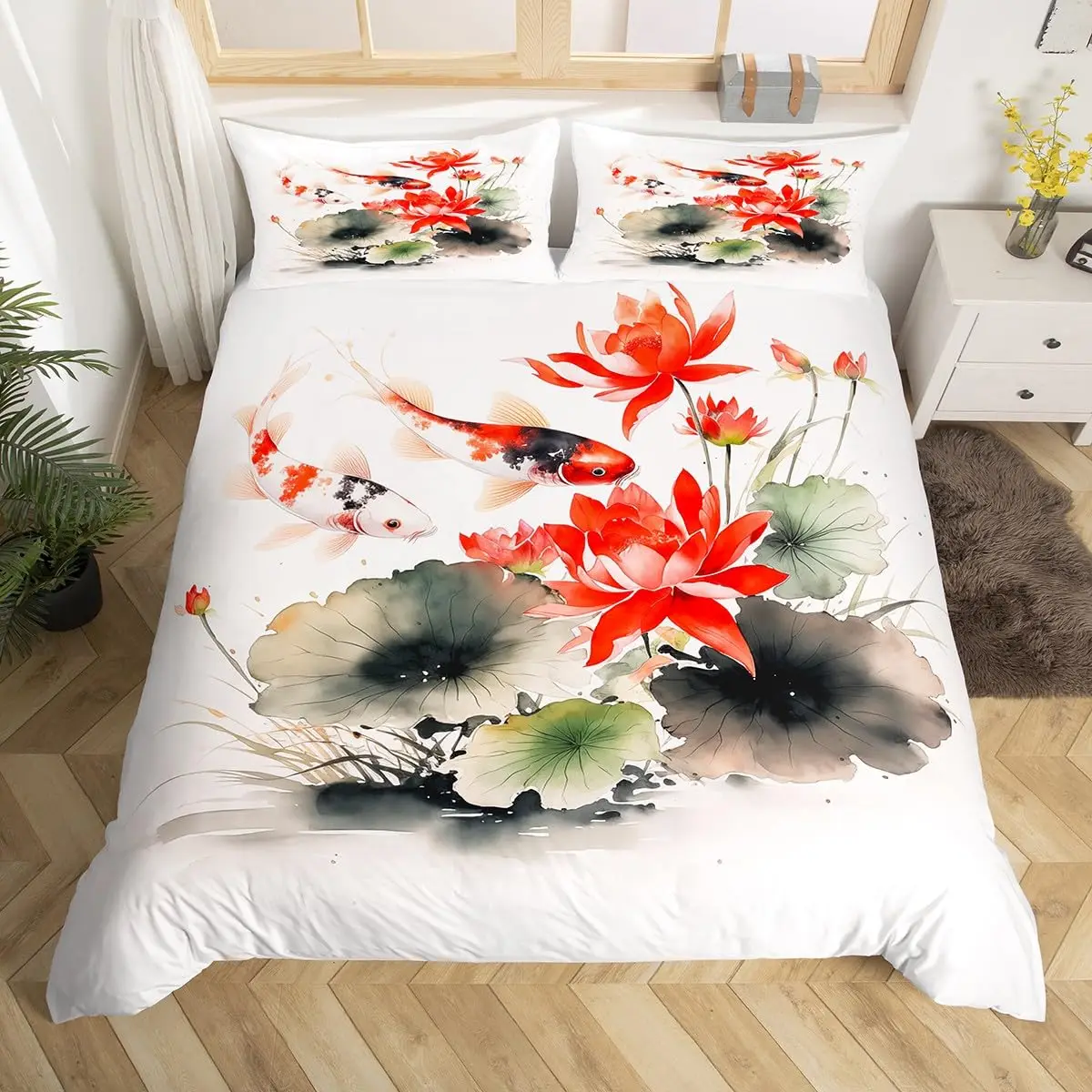 Koi Duvet Cover King Cherry Blossom Japanese Ukiyo-e Bedding Set Sakura Marine Animals Comforter Cover,Pink Romantic Quilt Cover