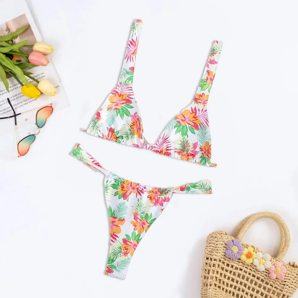 

2Pcs/Set Women Sexy Bikini Set Floral Print V-neck Bra High Waist Briefs Set Quick Drying Swimsuit Reversible Beachwear