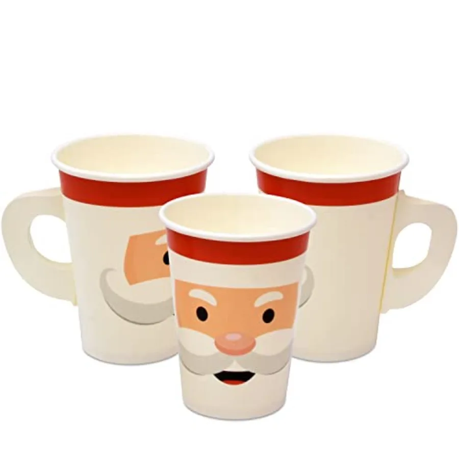50 Pc Christmas Disposable Paper Cups with Handles 9oz Santa Face Beverage Drinking Cup for Winter Xmas Festive Holiday Table P