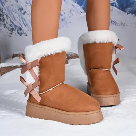 Women's Winter Slip-on Boots Fashion Solid Bow Casual Snow Boots Large Size Comfortable Platform Boots for Women