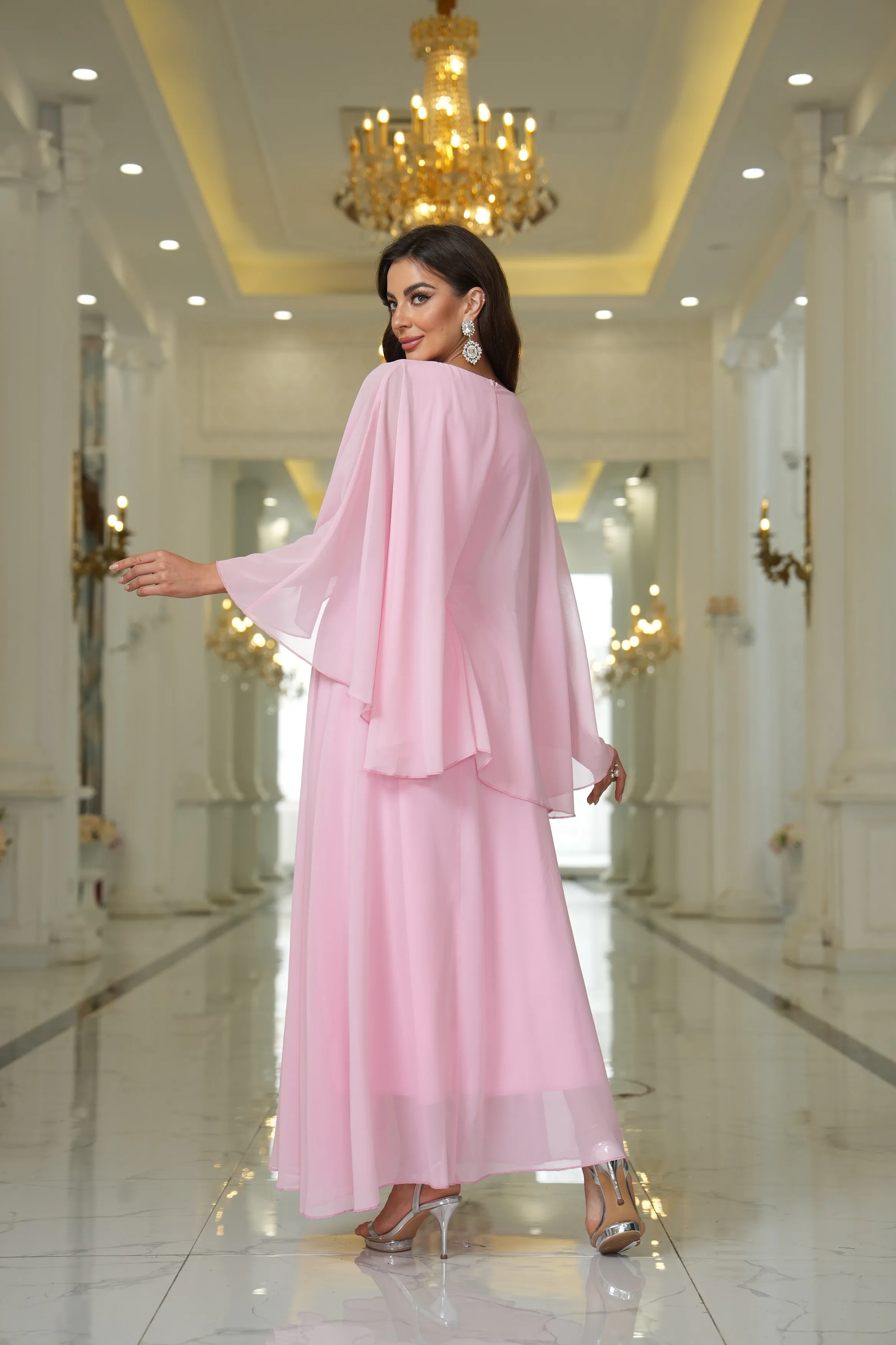 Women's Elegant Pink Shawl Wrapped Wedding Dress, Bridal Mother Dress, Knitted V-neck Irregular Ruffle Evening Dress