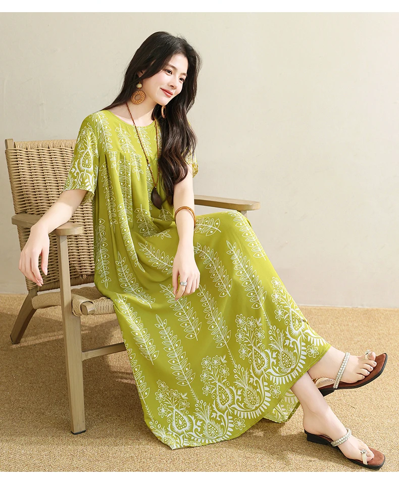 New 2025 Summer Dress For Women Plus Size Dress Casual Short Sleeve Boho Vintage Print Long Maxi Dress Beach Women Clothing