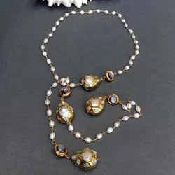 YYGEM 15mm larimar bead Cultured White Rice Pearl 15mm Purple Murano Glass Long Rosary Chain Necklace