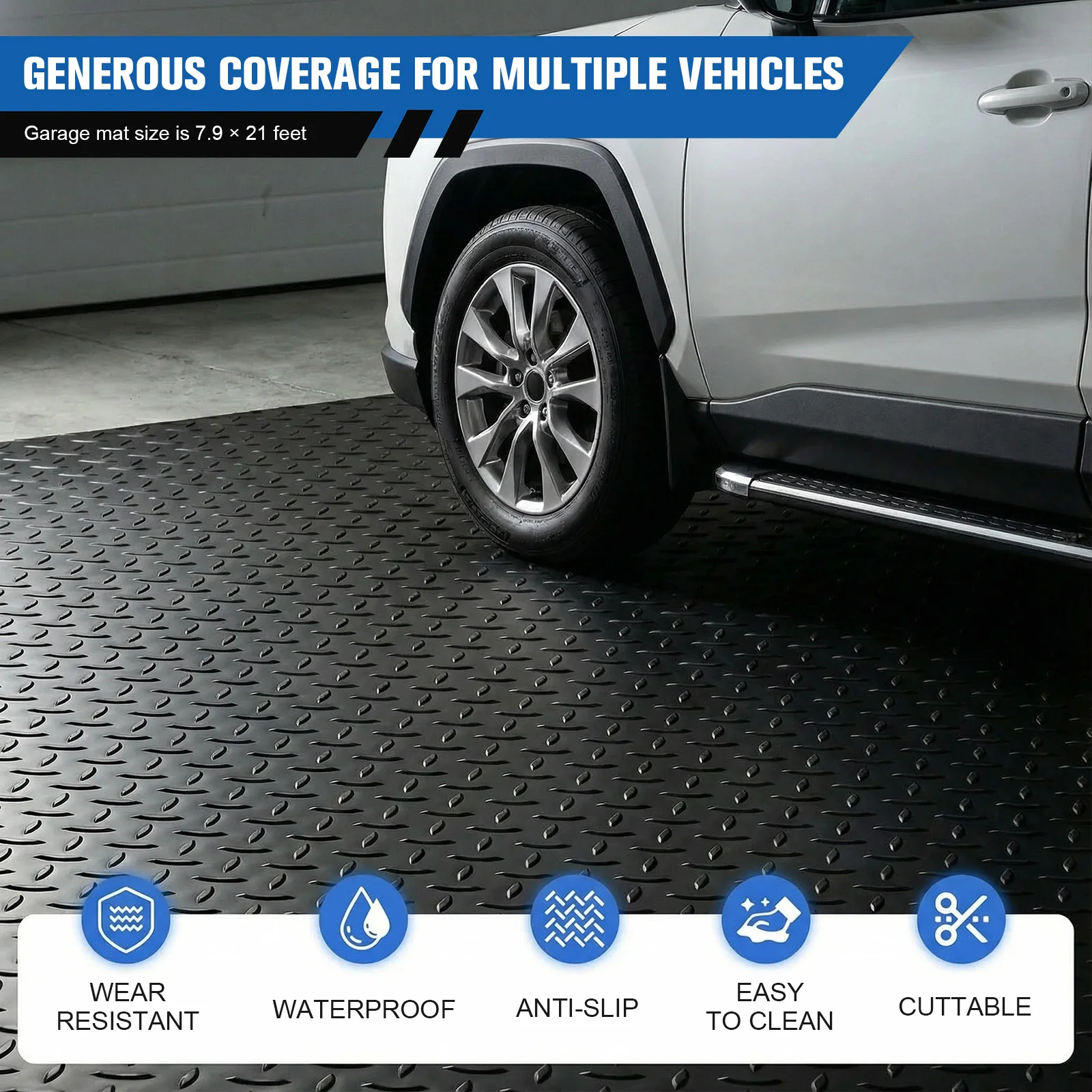 

7.9x21/32.8 FT Golf Cart Parking Mat 2.5mm Floor Runner Diamond Plate PVC for Truck Trailer SUVs Van Golf Cart Motorcycle