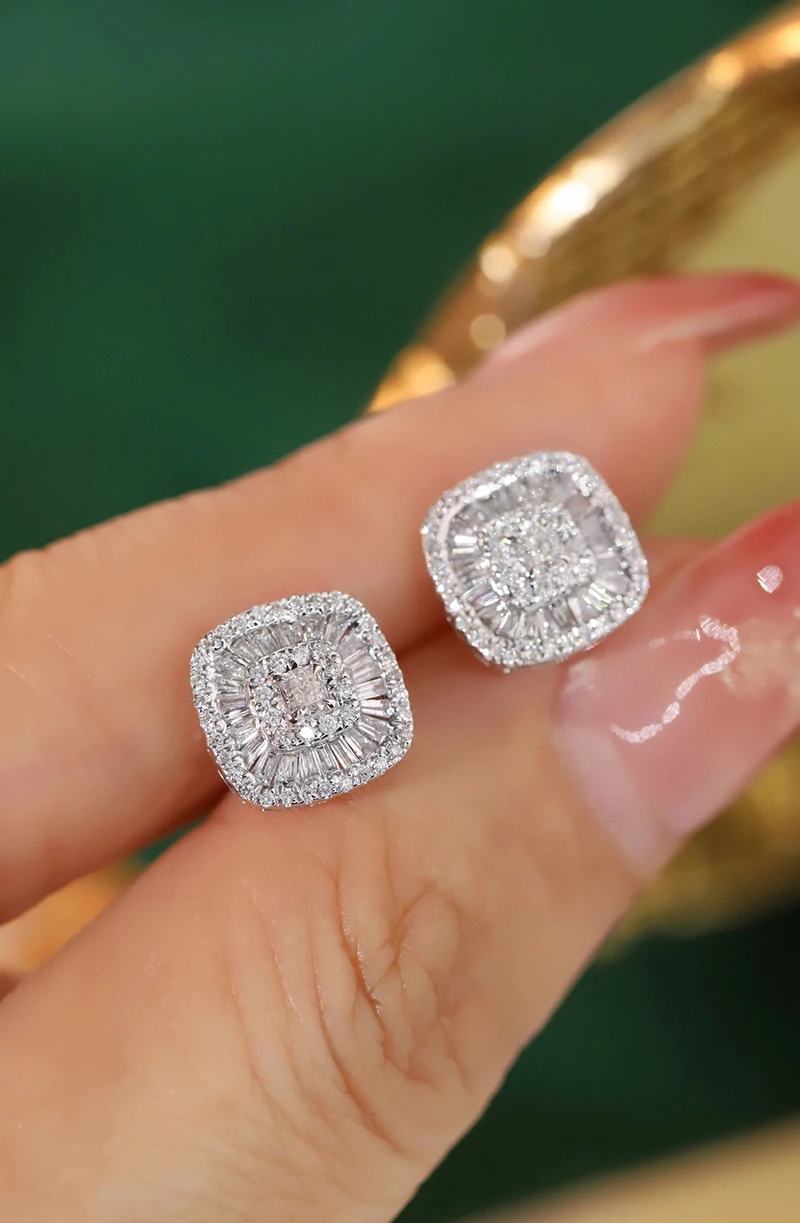 LUOWEND 100% 18K White Gold Earrings Fashion Square Design Real Natural Diamond Stud Earrings for Women High Party Jewelry
