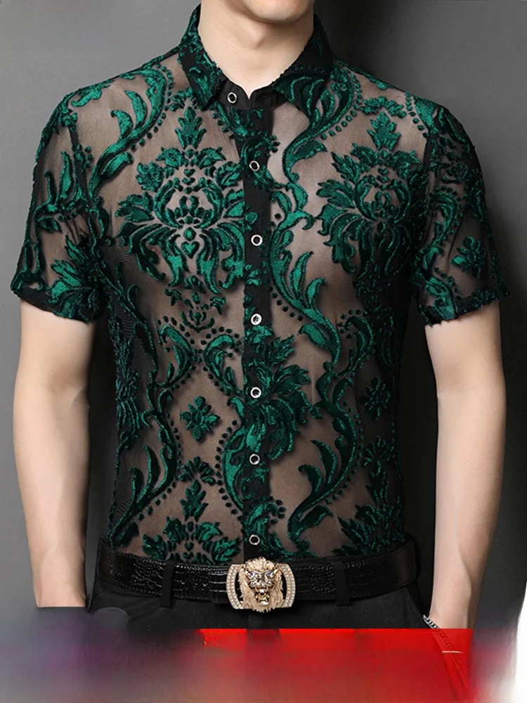 

Men's Summer Thin ort Sve irt Floral Hollow out Transparent Casual Loose Fit Faion Urban Sle Breathable Ice Silk S...