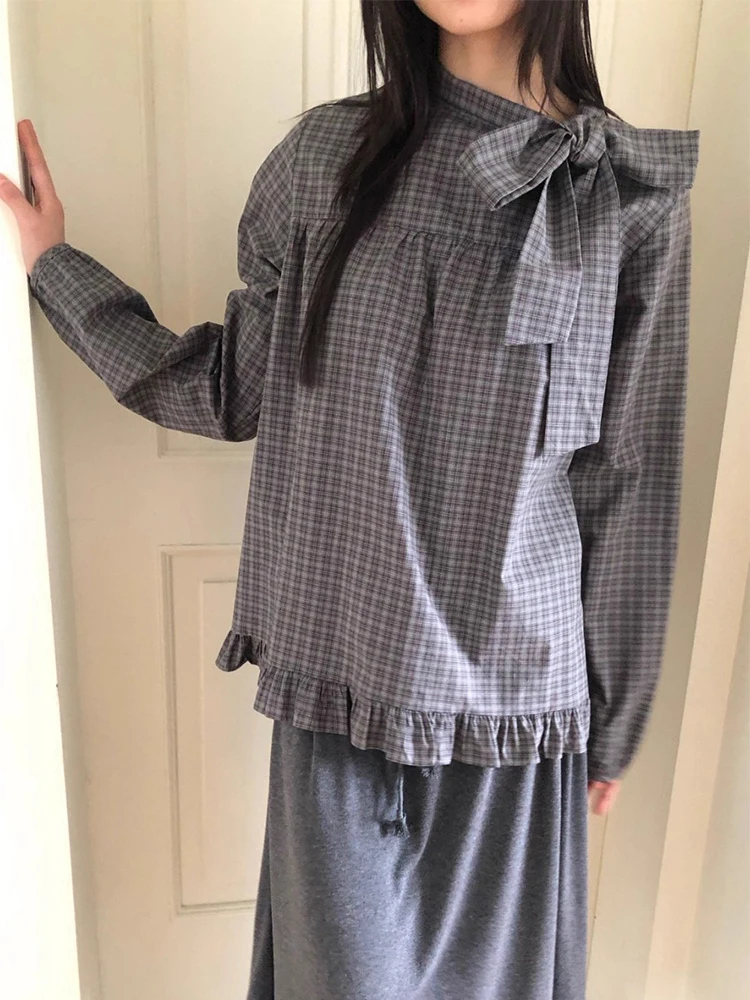 

Retro Sle Plaid irt Women's Bubble Sve Knot Splicing Wood ain Long Sve irt Chic Autumn New Arrival