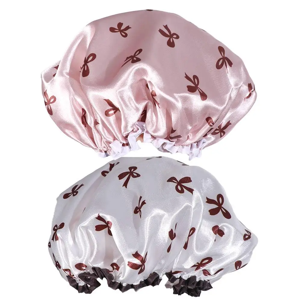 Waterproof Double Layer Shower Caps Anti-Fouling Elegant Bow Pattern Design Hair Hat Reusable Thickened Bath Caps Women