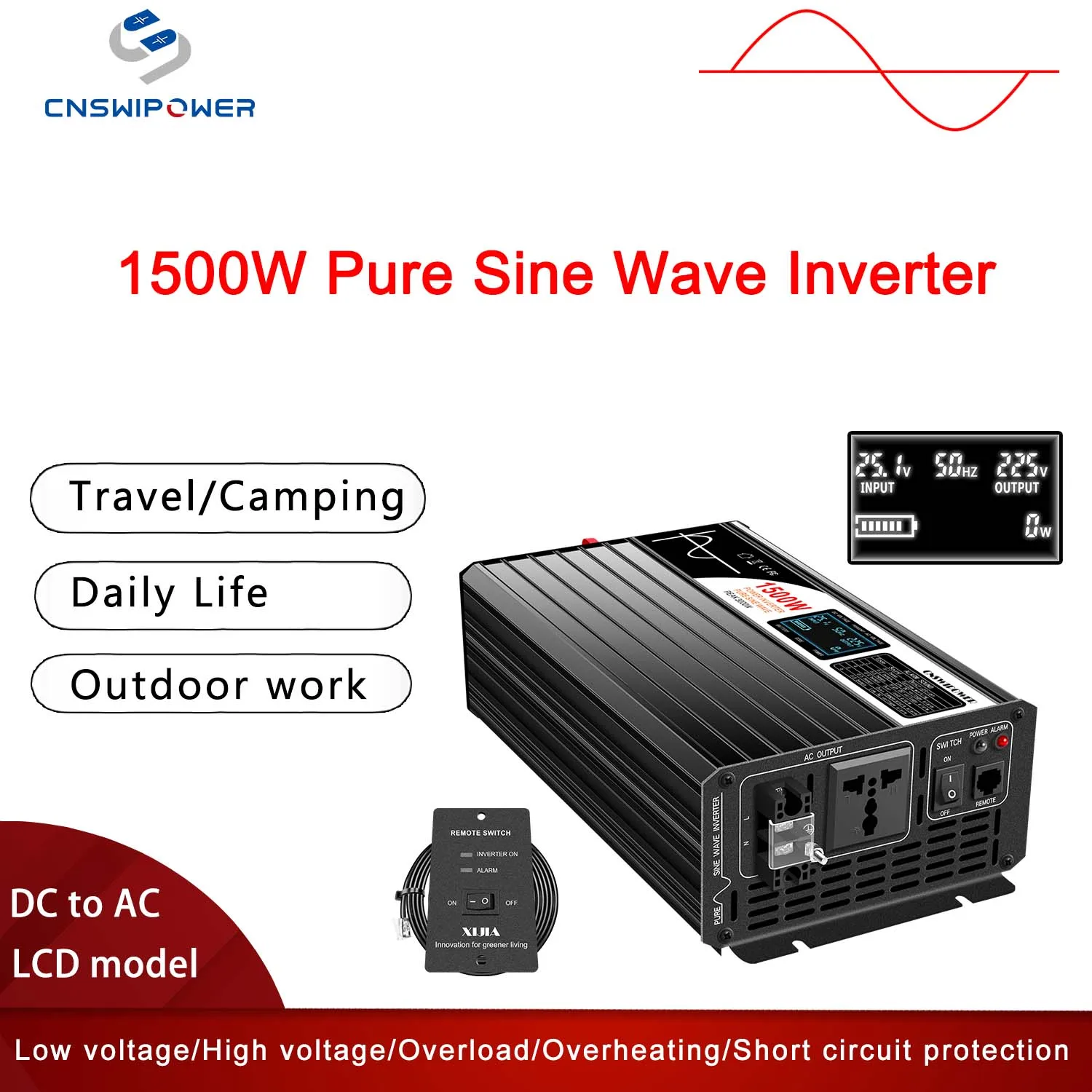 純粋な正弦波ソーラーインバーター,1500W, 12v,24v,48v〜110v,リモコン付き,220v