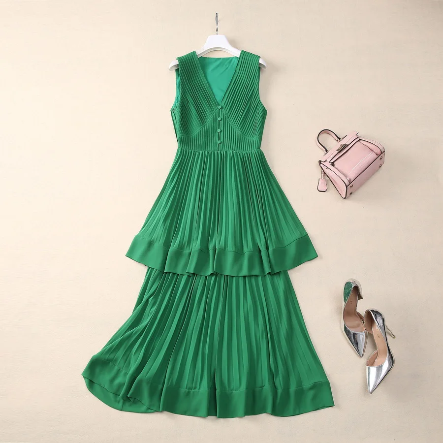 

European and American women's clothing 2025 spring new Sleeveless V-neck with green ruffles Fashion pleated dress XXL