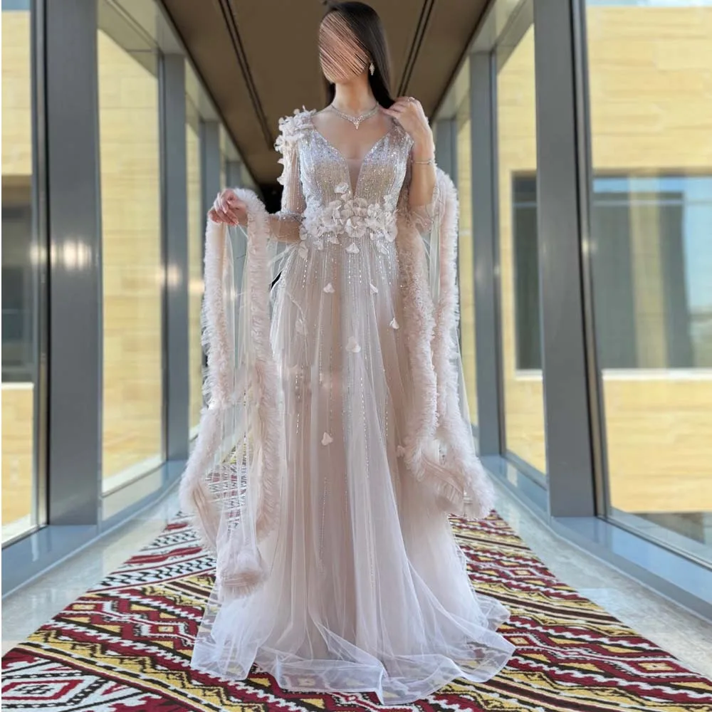 

Customized Beading Embellished Evening Dress with Bell Sleeve V Neck A Line Formal Occasion Dresses 3D Flower Wedding Party Gown