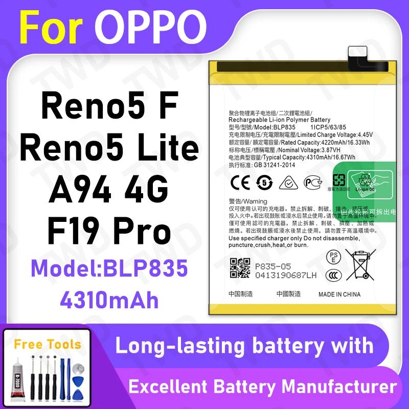 

100% New 4310mAh BLP835 Battery For OPPO Reno5 F/Reno5 Lite/A94 4G Battery Replacement Bateria+Free Tools