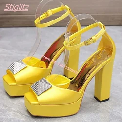 Summer New Luxury Women Sandals Solid Square Super High Heel Buckle Strap footwear Platform Leather Peep Toe Party Shoes
